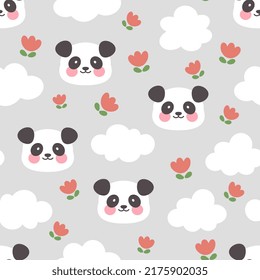 panda bear sitting on a grey floral background, kids cute woodland animals with clouds and red tulips seamless pattern print