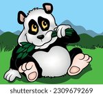 A Panda Bear Sitting on the Ground Eats a Bamboo Twig - Colored Cartoon Illustration with Background, Vector