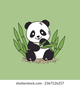 oso panda sentado en el suelo con hojas de bambú en las patas