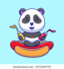 Panda Bear Sitting On A Hotdog Cartoon Vector Icon Illustration. Cute Animal Food Activities. Flat Cartoon. Suitable for any creative projects.