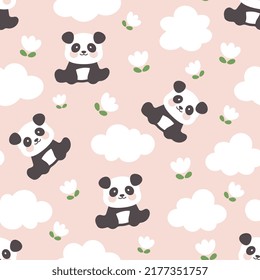 panda bear sitting on a light pink floral background, kids cute woodland animals with clouds and white tulips seamless pattern print
