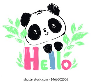 Panda bear sketch. Vector illustration. Design print for t-shirt.  Hand drawn Bear and color letters.