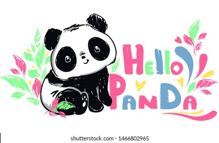 Panda bear sketch. Vector illustration. Design print for t-shirt.  Hand drawn Bear and color letters.
