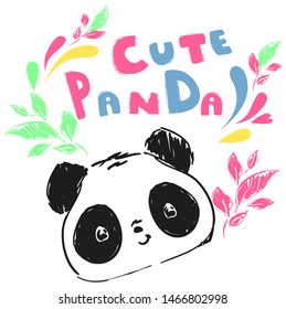 Panda bear sketch. Vector illustration. Design print for t-shirt.  Hand drawn Bear and color letters.
