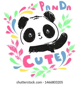 Panda bear sketch. Vector illustration. Design print for t-shirt.  Hand drawn Bear and color letters.