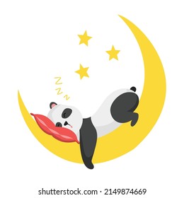 El oso panda duerme sobre la luna y la almohada. Un gran personaje de panda. Animales de dibujos animados de vida salvaje asiáticos. Mamífero salvaje adorable de la jungla