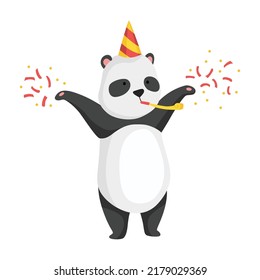 Panda bear standing and celebrates or pose for photo. Cute big panda character. Asian wildlife cartoon animal. Adorable jungle wild mammal