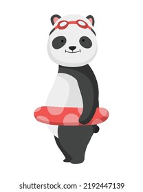 Panda bear standing with swimming circle in swimming goggles and pose for photo. Cute big panda character. Asian wildlife cartoon animal. Adorable jungle wild mammal