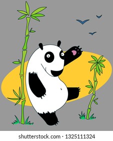 panda bear stays on the yellow and grey background and waves by paw