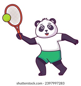 Tenis de oso panda.Oso con una pelota de tenis con raqueta jugando al tenis.Animales de Cute.León es un atleta.Aislado sobre fondo blanco.Ilustración de vectores de línea.Entrenamiento de tenistas deportivos.