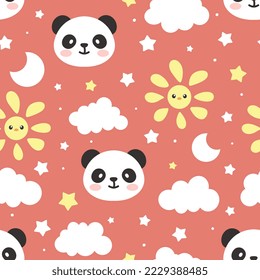 Panda bear terracotta red sky seamless pattern background, kids cute woodland animals with clouds and stars fabric and textile print. Decor element design.