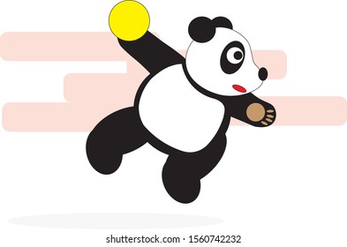 A panda bear throws a ball in a jump playing handball.