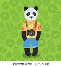 A panda bear travels. Hawaiian shirt. Tropical ornament. Camera. Vector illustration. 