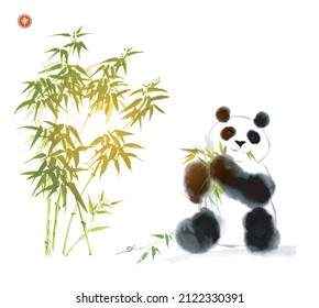 Panda bear under bamboo tree. Traditional oriental ink painting sumi-e, u-sin, go-hua. Hieroglyph - happiness
