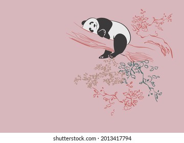 panda bear vector card japanese chinese nature ink illustration engraved sketch traditional textured colorful