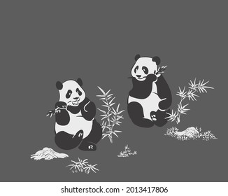 panda bear vector card japanese chinese nature ink illustration engraved sketch traditional textured colorful