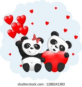 Panda bear, panda vector illustration, Valentine's Day greeting card illustration, panda. heart. black and white bear. illustration panda - Vector 