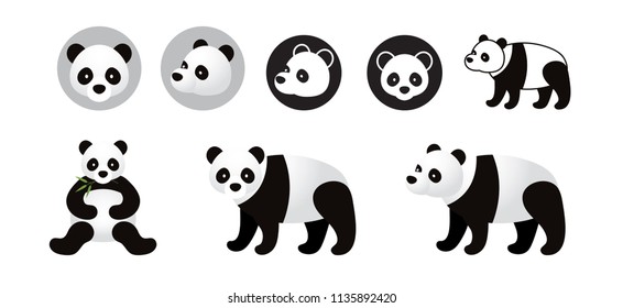 Panda Bear Vector Set, Front View, Side View, Silhouette