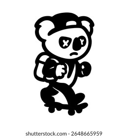 Um urso panda usando um boné e carregando uma mochila, skate