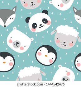 panda bear wolf sheep and penguin seamless pattern background, vector illustration, animal cartoon pattern