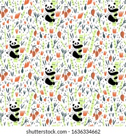 Panda bears and bamboo branches leaves and fruit vector seamless pattern