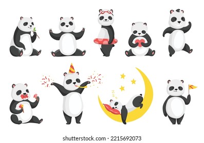 Panda tiene poses y emociones diferentes. Conjunto de personajes lindos y grandes de panda. Animales de dibujos animados de vida salvaje asiáticos. Animal somnoliento y perezoso. Mammal comiendo bambú. Mamífero salvaje adorable de la jungla