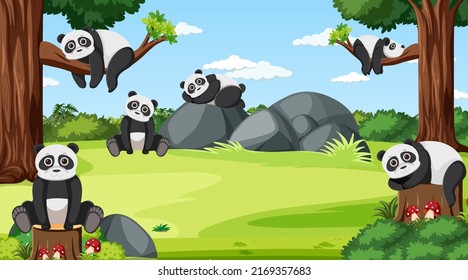 Panda bears in the forest scene illustration
