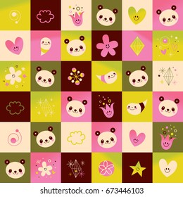 panda bears hearts flowers nature pattern