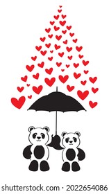 Panda bears holding umbrella, vector. Raining hearts illustration. Cartoon illustration. Kids wall decals isolated on white background. Wall art, artwork