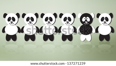 Panda bears on line. One of a crowd standing out from the rest, conceptual vector illustration