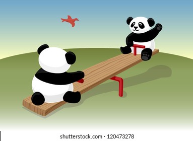 Panda bears on a see saw vector