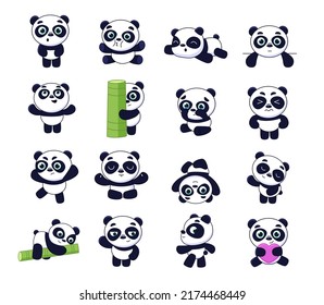 Panda bears set. Cute animal baby characters in different poses, kid nursery decor, children birthday mascot, happy simple black and white teddy, isolated card elements. Vector stickers