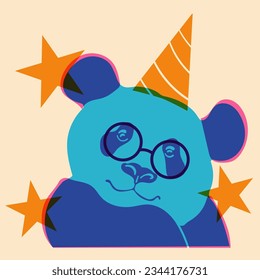 Panda in a birthday hat. Avatar, badge, poster, logo templates, print. Vector illustration in a minimalist style  with Riso print effect. Flat cartoon style