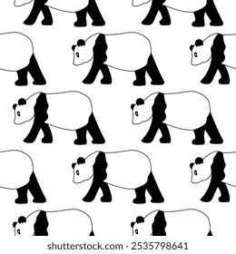 Panda black and white. Chinese animal seamless pattern. Asian bear Cute. Hand drawn vector illustration. Mammal. The background.