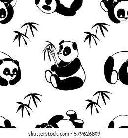 Panda, black-and-white seamless pattern