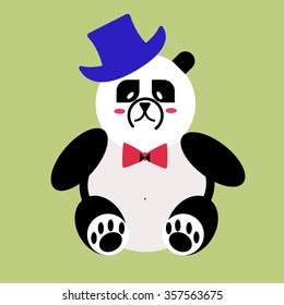 Panda in a blue hat with a butterfly. flat vector icon