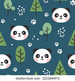 Panda blue kids scandinavian style seamless pattern background with green trees and animal footprints. Bedding children vector design, fabric and textile print.