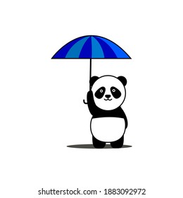 Panda with blue umbrella, black and white  icon vector illustration.. cute animal icon.