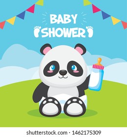 Panda With Bottle Baby Shower Card Vector Illustration