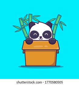 Panda In Box With Bamboo Cartoon Vector Icon Illustration. Animal Nature Icon Concept Isolated Premium Vector. Flat Cartoon Style