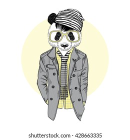 panda boy dressed up in coat, furry art illustration, fashion animals, hipster animals