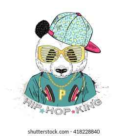 panda boy dressed up in cool city style, hand drawn graphic, hipster animal portrait