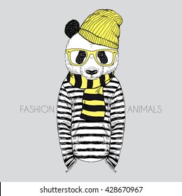 panda boy dressed up in frock, furry art illustration, fashion animals, hipster animals