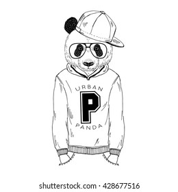 panda boy dressed up in hoodie with print, furry art illustration, fashion animals, hipster animals