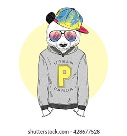 panda boy dressed up in hoodie with print, furry art illustration, fashion animals, hipster animals