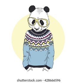 panda boy dressed up in jacquard pullover, furry art illustration, fashion animals, hipster animals