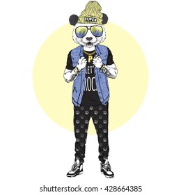 Panda-Junge im Rockstar-Stil gekleidet, Mörry-Art-Illustration, Mode-Tiere, Hipster-Tiere