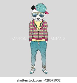 panda boy dressed up in sporty style, furry art illustration, fashion animals, hipster animals