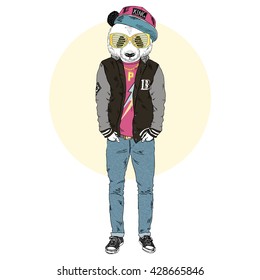 panda boy dressed up in swag varsity jacket, furry art illustration, fashion animals, hipster animals