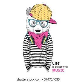panda boy dressed up in urban style with headphones, furry art fashion illustration, fashion animals